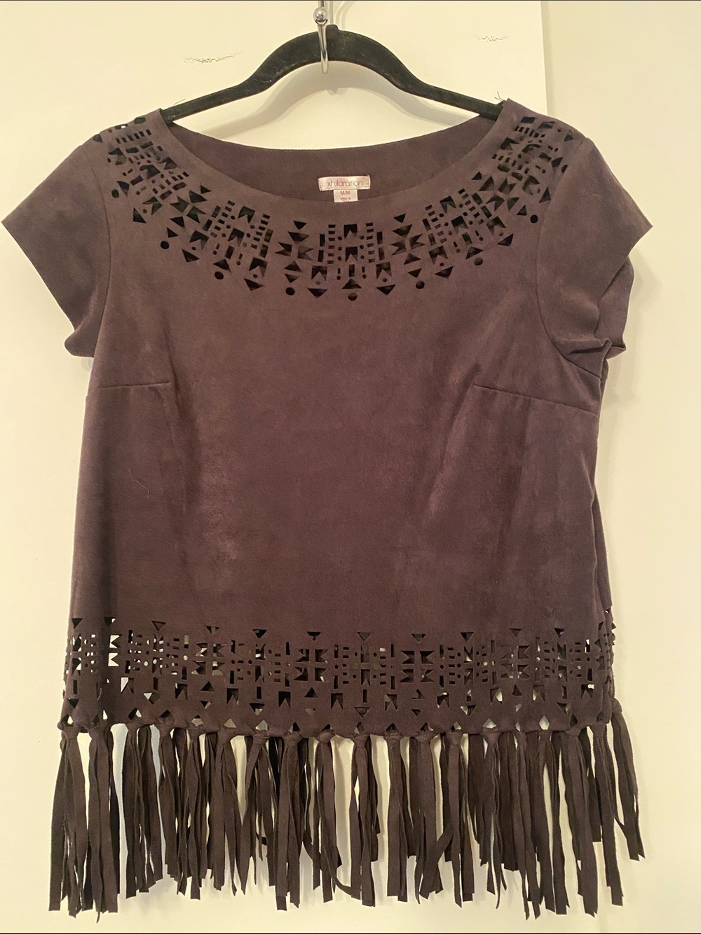 Xhilaration Brown Suede-Look Fringe Tunic with Laser-Cut Detail